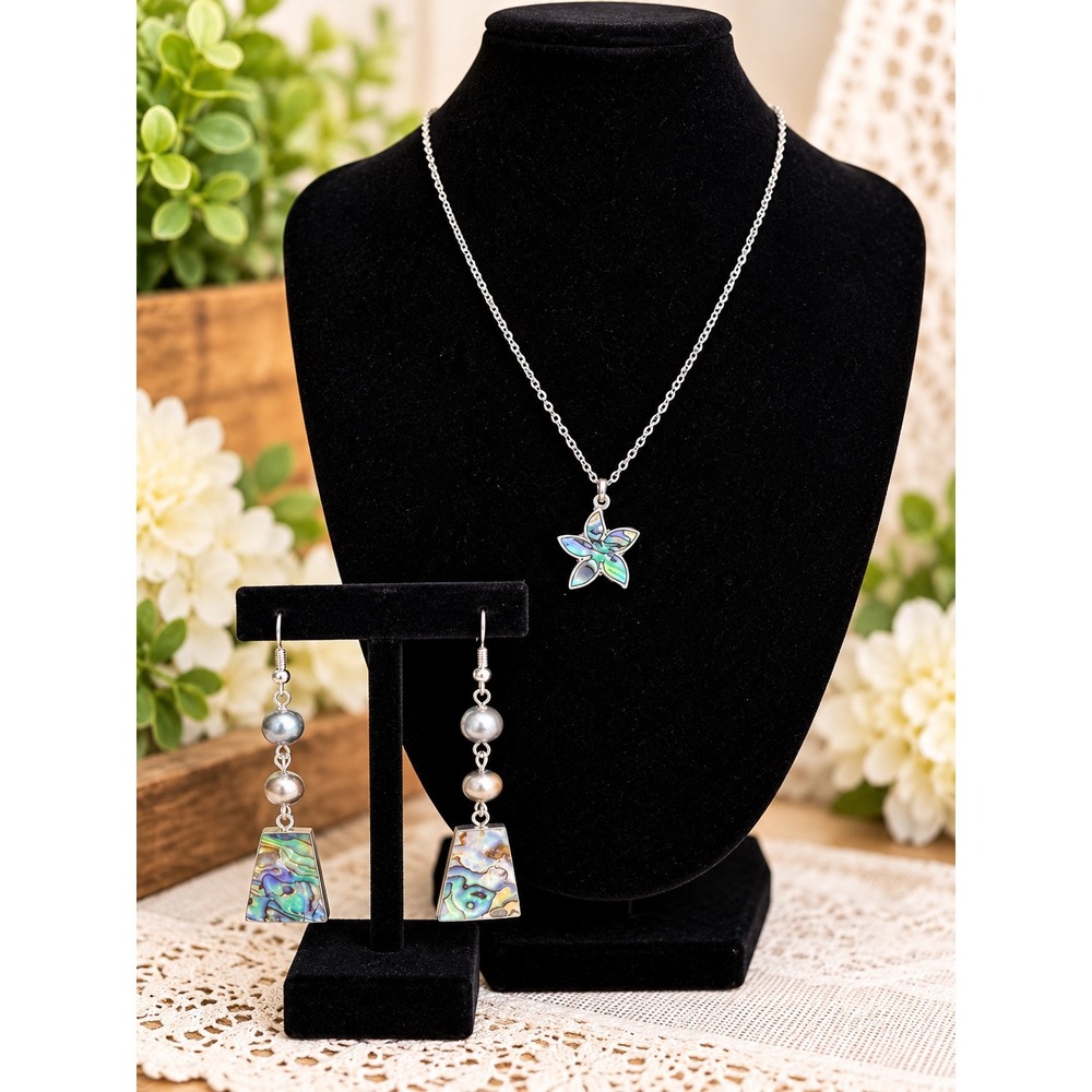 Abalone Shell Star Necklace and Drop Earring Set Iridescent Silver Tone Coastal